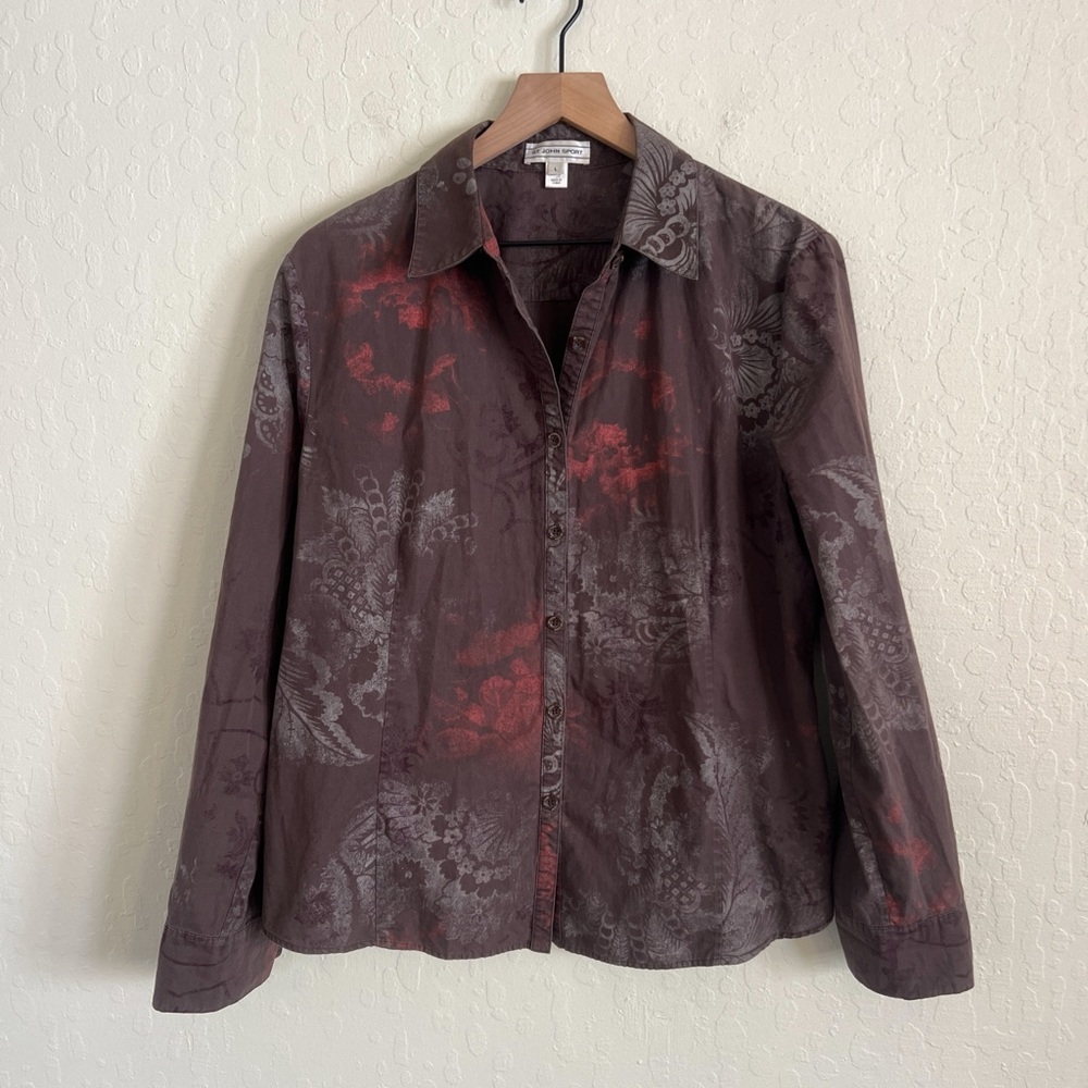 Vintage St. John Sport 100% Cotton Long Sleeve Button Down Shirt Large Brown Red
